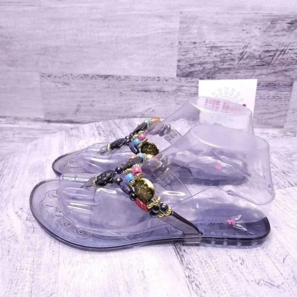 Penny Loves Kenny Beaded Jelly Thong Flip Flop Sandal Clear Women's sz 7 - Picture 3 of 8